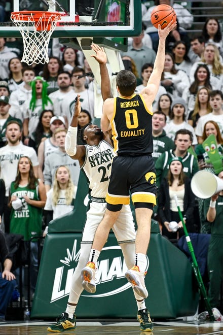 Michigan State's Mady Sissoko, left, guards Iowa's Filip Rebraca during the first half on Thursday, Jan. 26, 2023, at the Breslin Center in Lansing.