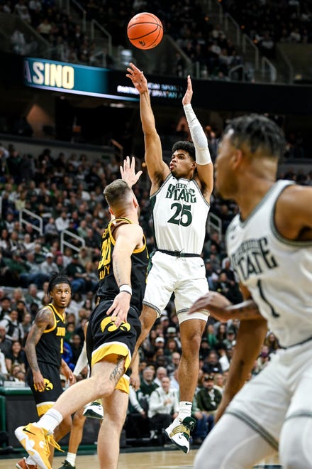 Michigan State's Malik Hall scores against Iowa during the first half on Thursday, Jan. 26, 2023, at the Breslin Center in Lansing.