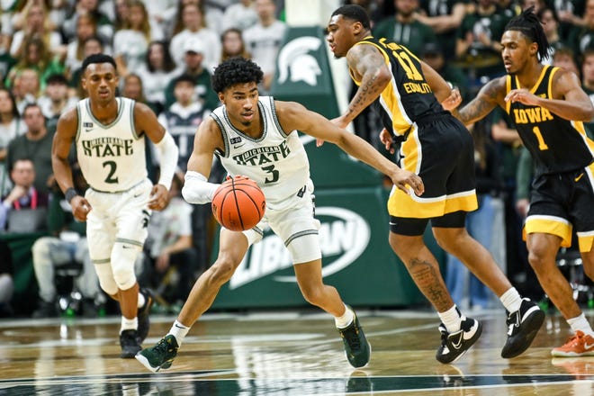 Michigan State's Jaden Akins moves the ball against Iowa during the second half on Thursday, Jan. 26, 2023, at the Breslin Center in Lansing.