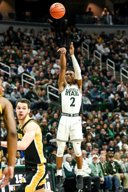 Michigan State's Tyson Walker makes a 3-pointer against Iowa's during the first half on Thursday, Jan. 26, 2023, at the Breslin Center in Lansing.