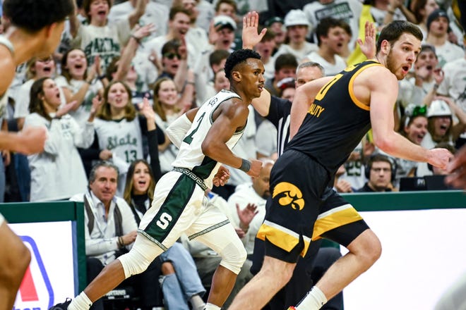 Michigan State's Tyson Walker gets back on defense after his 3-pointer against Iowa during the second half on Thursday, Jan. 26, 2023, at the Breslin Center in Lansing.