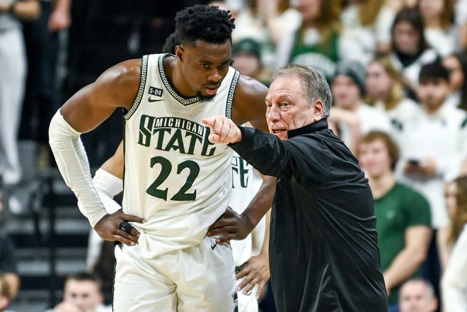 Michigan State's head coach Tom Izzo, right, talks with Mady Sissoko during the first half in the game against Iowa on Thursday, Jan. 26, 2023, at the Breslin Center in Lansing.