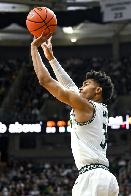 Michigan State's Jaden Akins makes a 3-pointer against Iowa during the first half on Thursday, Jan. 26, 2023, at the Breslin Center in Lansing.