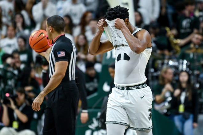 Michigan State's A.J. Hoggard reacts during timeout after missing free throws against Iowa late during the second half on Thursday, Jan. 26, 2023, at the Breslin Center in Lansing.