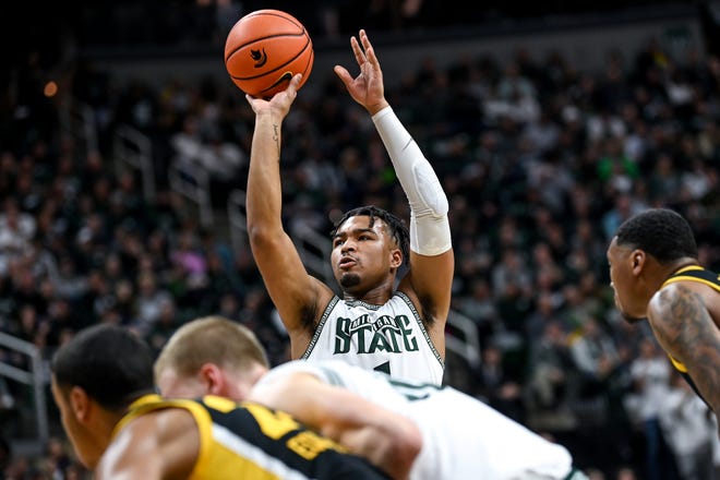 Michigan State's Pierre Brooks makes a free throw against Iowa during the first half on Thursday, Jan. 26, 2023, at the Breslin Center in Lansing.