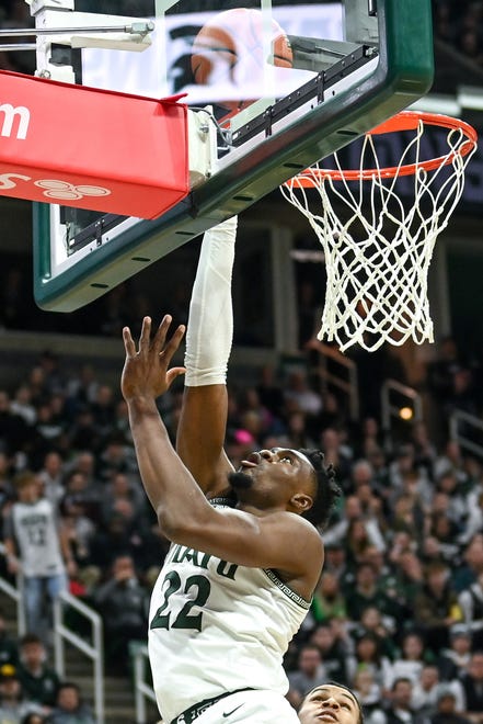 Michigan State's Mady Sissoko scores against Iowa during the second half on Thursday, Jan. 26, 2023, at the Breslin Center in Lansing.