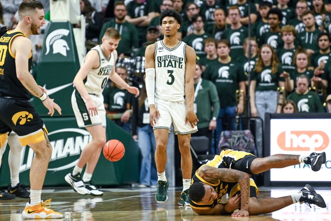 Michigan State's Jaden Akins reacts after being called for a foul during the second half in the game against Iowa on Thursday, Jan. 26, 2023, at the Breslin Center in Lansing.