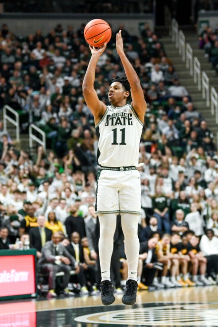Michigan State's A.J. Hoggard makes a 3-pointer against Iowa during the second half on Thursday, Jan. 26, 2023, at the Breslin Center in Lansing.